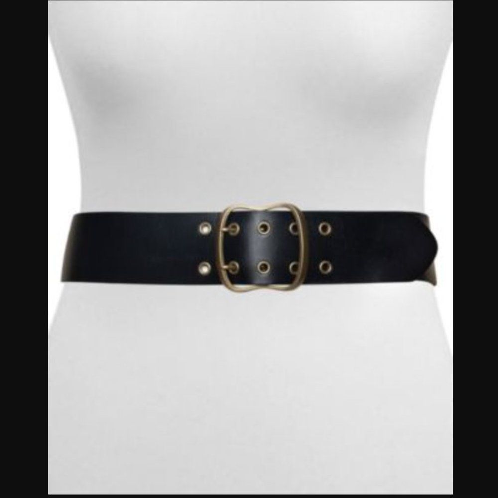 Frye Black Leather Belt with Gold Buckle